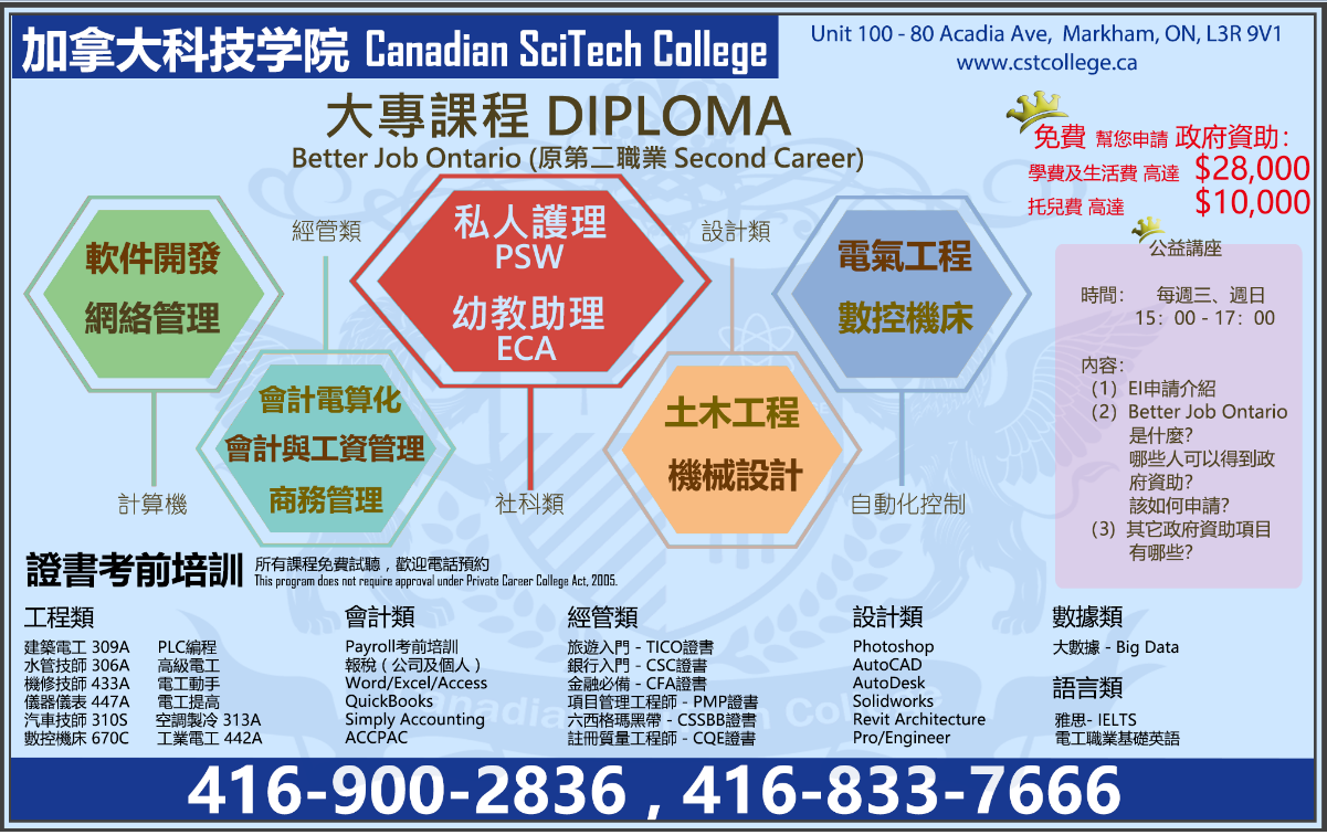 加拿大科技学院 政府资助BJO EI (第二职业）大专，职业证书培训就业辅导